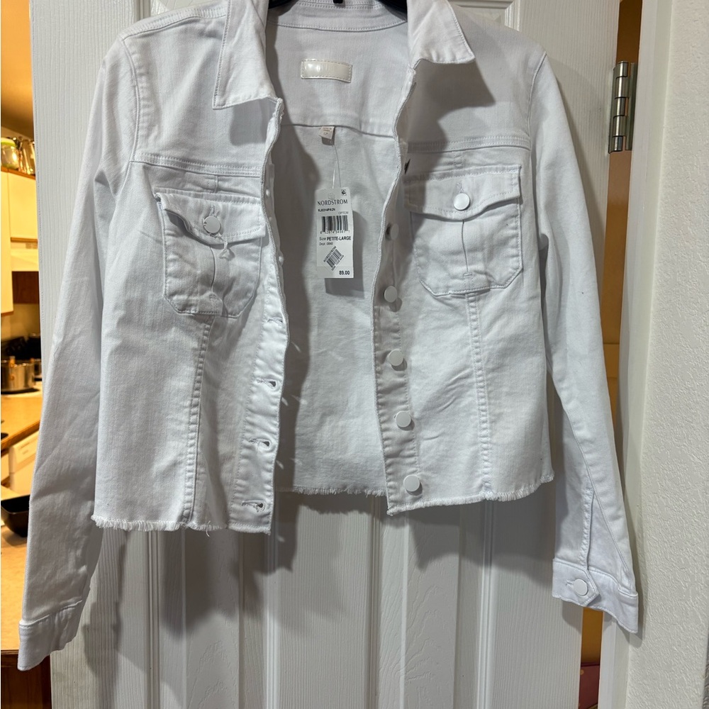 Kut from the Kloth White Cropped Raw-Hem Denim Jacket